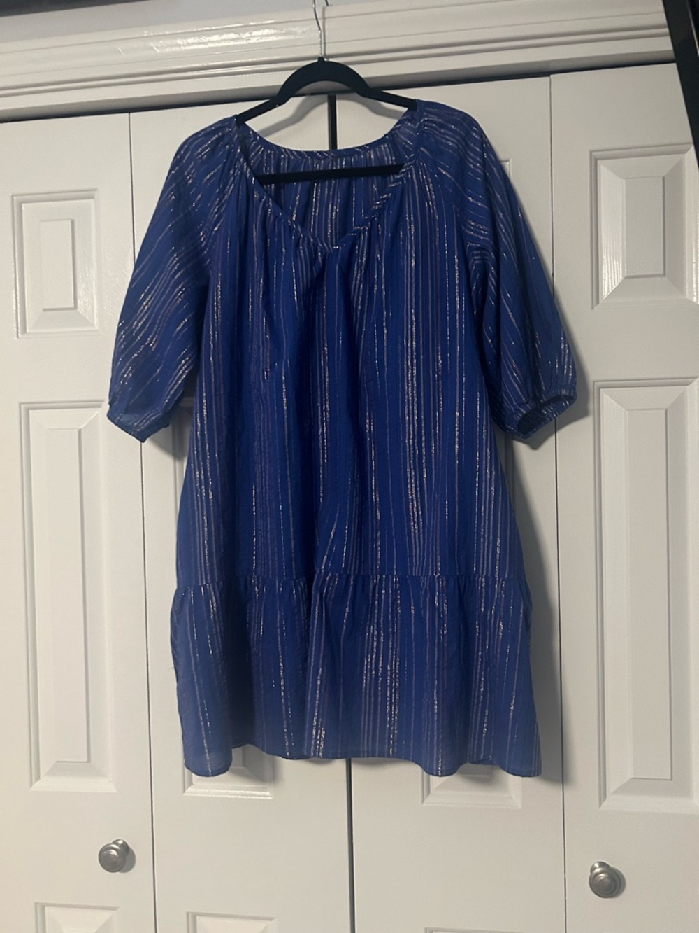 Blue Metallic Stripe Peasant Dress